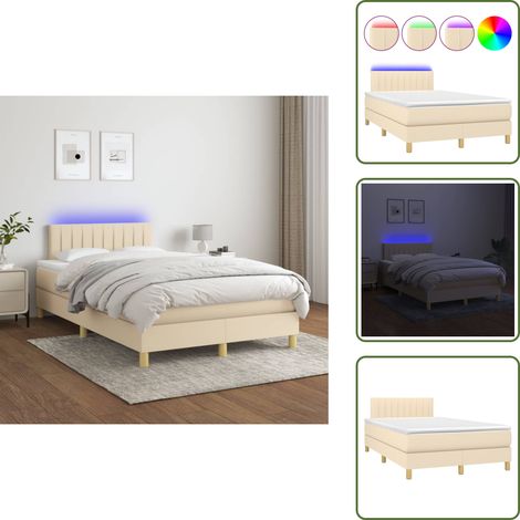 The Living Store Cama box spring con colchón y LED tela crema 120x200 cm - Cama con luz LED