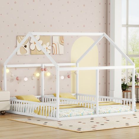 Cama infantil 90x200 cm 2-en-1 estilo casa con barandillas de seguridad, marco estable de pino y MDF, color blanco (1/5)