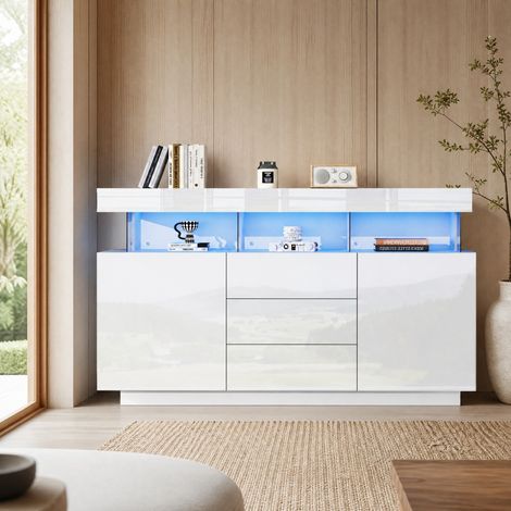 MEUBLIV Credenza 140 x 35 x 80 cm bianca con LED 16 colori, 3 cassetti e 2 ante (1/5)