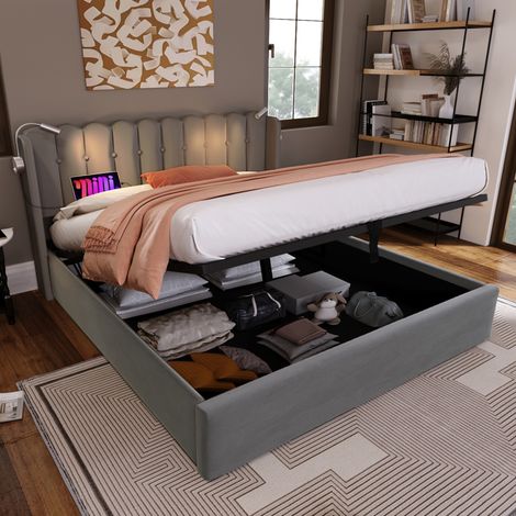 Lit coffre en velours gris 140x200 cm avec sommier à lattes, tête de lit, liseuse et ports USB (1/5)