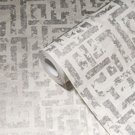 Papier peint géométrique crème Tapisserie graphique labyrinthe effet vieilli Papier peint contemporain idéal salle de bains (1/5)