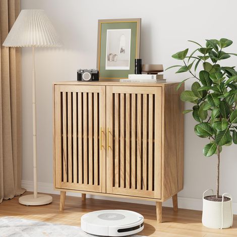 Buffet avec rangement, buffet avec portes grillagées et étagère réglable, armoire de rangement en bois pour cuisine, salon, entrée (bois naturel, 80 cm) (1/5)