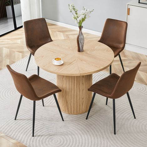 Ensemble table ronde 100cm MDF bois clair + 4 chaises tissu technique assise large (1/5)