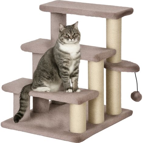 PawHut Katzentreppe 3-stufige Haustiertreppe mit Kratzsäulen Ball Hundetreppe Tiertreppe für Katzen bis 5 kg Plüsch Jute Braun 45 x 40 x 48 cm (1/5)