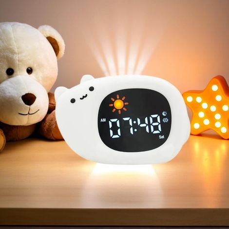 Réveil Veilleuse avec 9 Couleurs de Lumière et 6 Bruits Blancs, Horloge Numérique d'apprentissage du Sommeil, Luminosité et Son Réglables, Cadeaux pour Enfants - Chat (1/4)