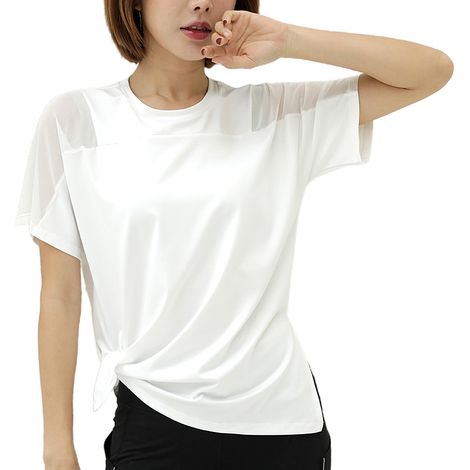 T-Shirt Sport Femme Manches Courtes Séchage Rapide Pour Yoga Course Fitness Entraînement Blanc Taille Xl (1/5)