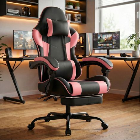 Silla gaming ergonómica de PVC negro/rosa con soporte lumbar, reposacabezas, reposapiés retráctil y respaldo 90°-135°, 58,5×63×120.5 cm (1/5)
