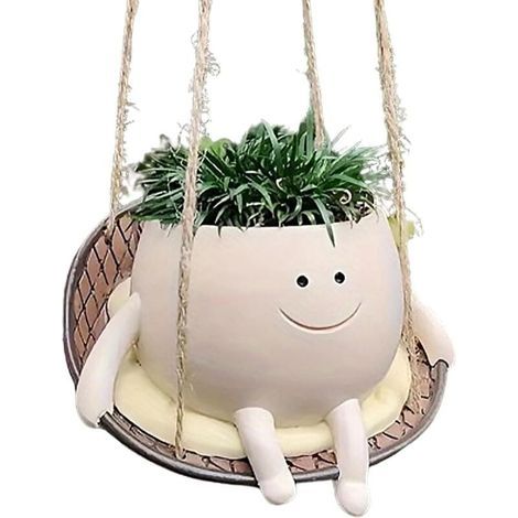 Pot de fleurs suspendu. pot de fleurs avec balançoire et visage souriant. pot de fleurs mignon. pots de fleurs en résine pour extérieur et intérieur. panier suspendu pour fleurs succulentes (1/5)