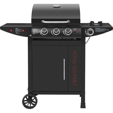 Royal Gourmet Gasgrill 3+1 Brenner Grillwagen mit 11,5 kW, Campinggrill mit Seitenbrenner, Outdoor Gas Grill inkl. Haken, Unterschrank für Balkon, Party Schwarz