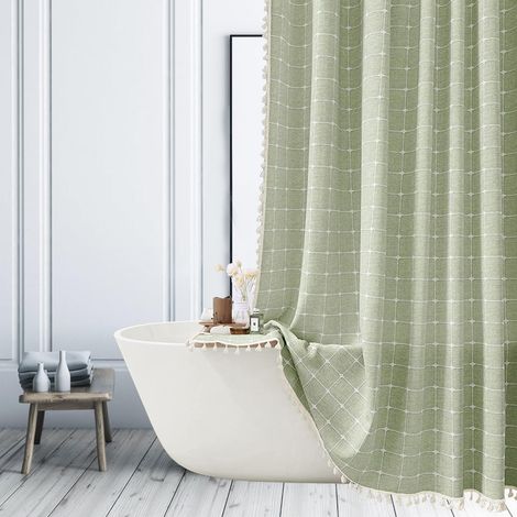 183 x 183 cm Rideau de Douche Rustique et résistant à Carreaux de Style Rustique et Chic avec Pompons   Rideau de Douche Lin en Tissu bohème Vert