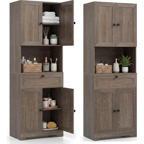 COSTWAY Mobile da Bagno Salvaspazio, Mobile da Terra con 4 Ante,60 x 35 x 171,5 cm,Grigio (1/5)