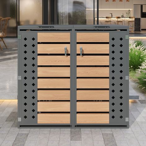 Cache-poubelle extérieur rangement bois verrouillable deux portes couvercle charnière losange 132x80x118,5cm ranger poubelles - Gris, Bois (1/5)