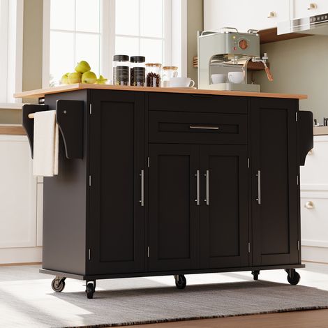 Isola da cucina con ruote, 136 x 70 x 92 cm, piano estraibile, Nero/Naturale HAVRYA (1/5)