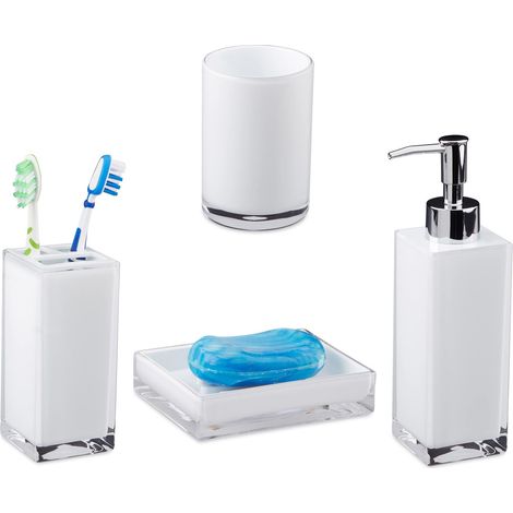 Accessoires salle de bain Set 4 pièces distributeur savon gobelet brosse à dent porte-savon plastique, blanc, 9 x 12 x 19.5 cm (1/5)