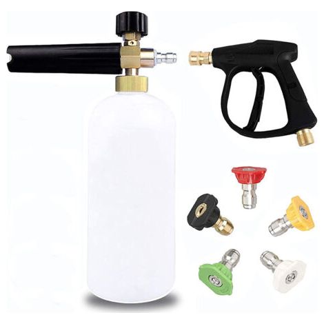 Pistolet à canon à mousse haute pression, 1 litre réglable 1/4 réglable Lance en mousse de neige Bouteille de distributeur de savon avec 5 buses et pistolet à mousse pour lavage de voiture (1/5)