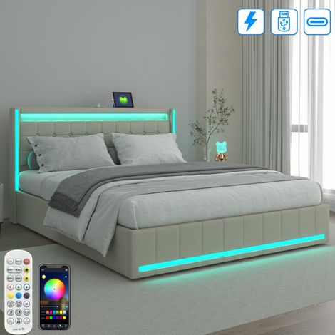 Lit coffre 180x200 CM avec 4 tiroirs de rangement - Charge USB Type-C - LED intégré - tête de lit et sommier à lattes - Lin - Beige (1/5)