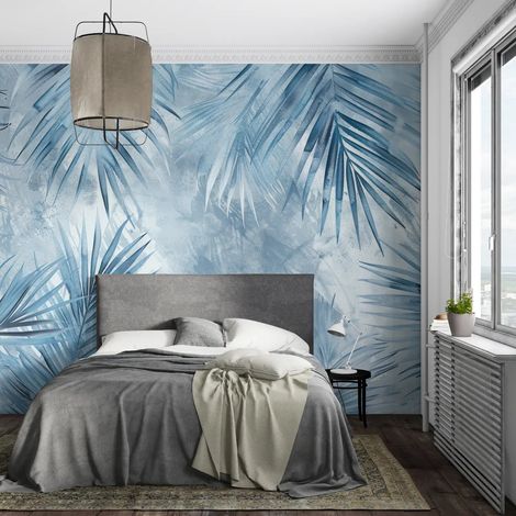 Papier Peint Feuillage - Palmes Floues Bleu Glacé - 150 x 250 cm (1/2)