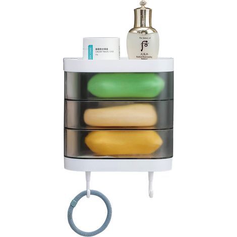 Jabonera de pared de 3 niveles con 2 ganchos, soporte giratorio de 180 grados, a prueba de polvo, organizador de almacenamiento para baño, ducha y cocina (transparente). (1/3)