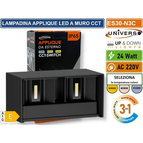 UNIVERSO ES30-N3C LAMPADA APPLIQUE LED DA MURO NERA 24W DOPPIO FASCIO LUMINOSO REGOLABILE CON SWITCH CCT PER SELEZIONE LUCE 3000K/4000K/6500K IP65 (1/5)
