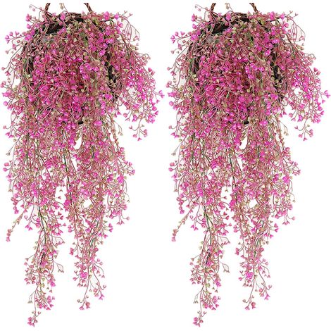 2 Stück künstlicher Blumenkorb an der Wand, künstlicher Blumen-Hängekorb, künstliche Hängepflanzen, künstliche Fallpflanzen, grüne Fallpflanze für den Hausgarten (Rosa 85 cm)