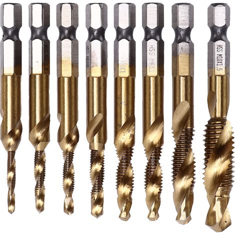 Lot de 8 tarauds à cannelure hélicoïdale 1/4 po à tige hexagonale pour vis combinées, outil de chanfreinage et de perçage (1/5)