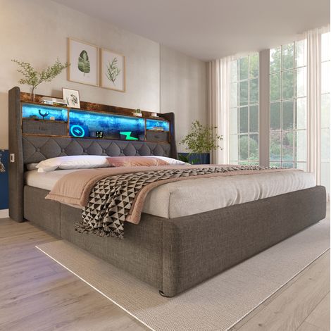 Cama tapizada retro 140x200 cm gris lino con cabecero LED, puertos USB/Type-C, arcón hidráulico y somier de láminas (1/5)