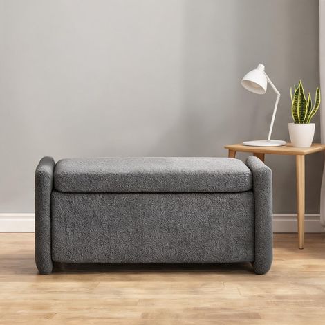 Coffre banc de rangement rembourré en tissu gris avec couvercle (1/5)