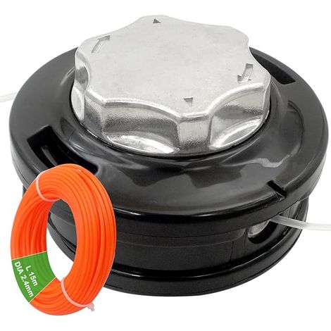 M10x1,25 Tête de fil gauche en alliage d'aluminium Mähkopf avec pointe automatique Tête de fil double avec fil en nylon pour taille-haies Fil de taille 2,4 mm x 15 m (1/5)