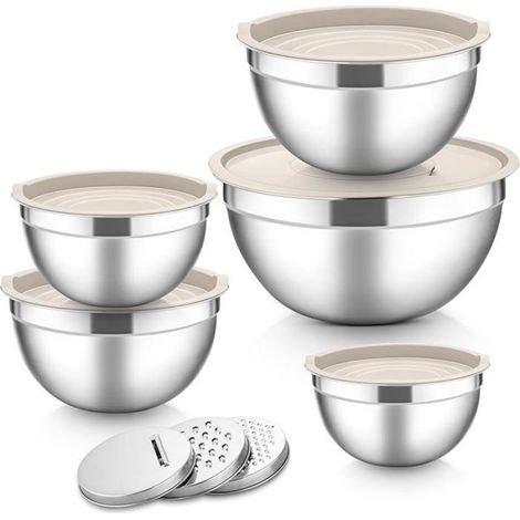 Lot de 5 bols mélangeurs en acier inoxydable kaki avec couvercles hermétiques - Saladier en métal avec 3 râpes pour Multic SALADIER (1/5)