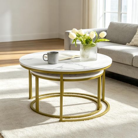 Table basse moderne en design gigogne, lot de 2 tables rondes élégantes, set compact de tables d'appoint pour salon (2 pièces incluses) (1/5)