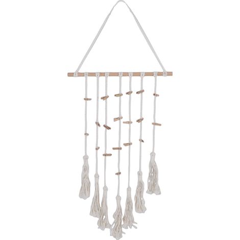 Présentoir photo mural bohème en macramé avec support pour cadres photo et cartes lumineux, idéal pour la décoration de chambre, avec 20 pinces en bois beige. (1/5)