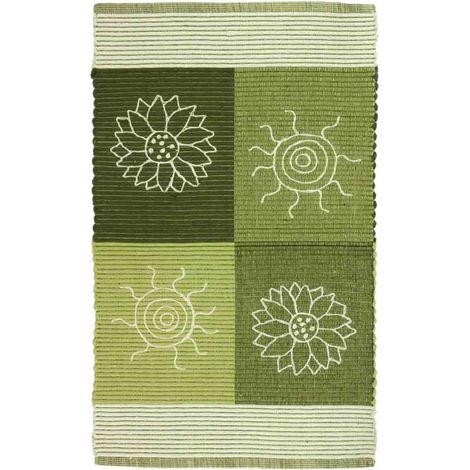 Tappeto SUMMER VERDE disegno sole e fiori 100% cotone annodati a mano, passatoia stuoia cucina multiuso lavabile cm.55x110 (1/3)