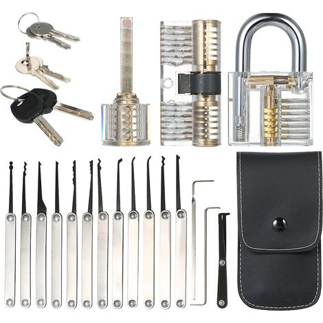 15pcs Lock Picking Set Kit Tool with Three Transparent Practice Training Padlock Lock for Locksmith