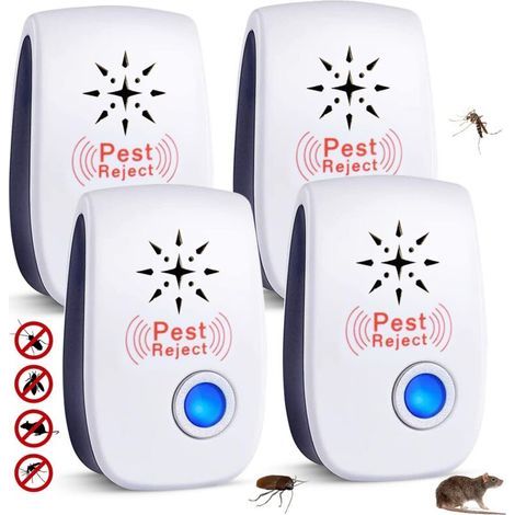 Prodotto per il controllo dei parassiti, confezione da 4 dispositivi repellenti per insetti a ultrasuoni per uso interno. (1/4)