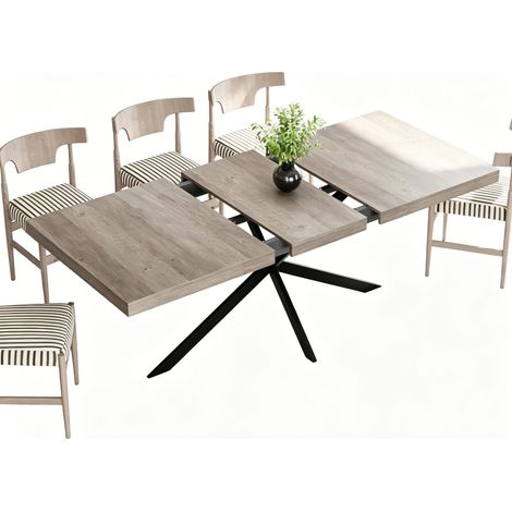 Table à manger extensible rectangulaire 4 à 6 places avec rangement caché, plateau gris MDF et base métal noir, pour salle à manger, cuisine et salon  CHICFURN (1/5)