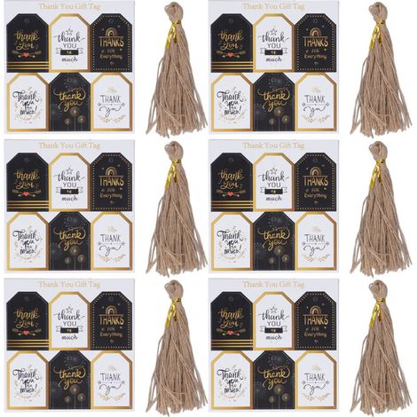 Étiquettes Cadeau 144pcs - Cartes Remerciement Motifs - Étiquettes Durable pour Emballage Cadeaux avec Corde Chanvre (1/5)