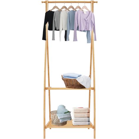 Porte-manteau pliable en bois à 2 étagères avec tringle à vêtements, porte-vêtements avec crochets, pour chambre à coucher, entrée, couloir, 66 x 40 x 160 cm (couleur bois)