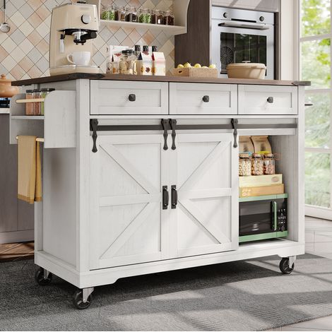 Mueble de cocina con ruedas y tablero abatible beige OKMYHOME (1/5)