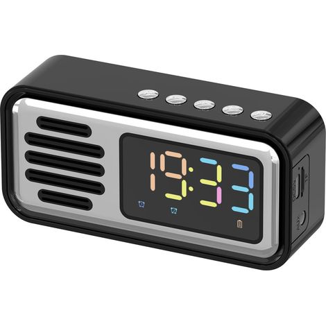 Enceinte Bluetooth portable rétro innovante, réveil de table sans fil avec écran LED couleur, noir argent (1/5)
