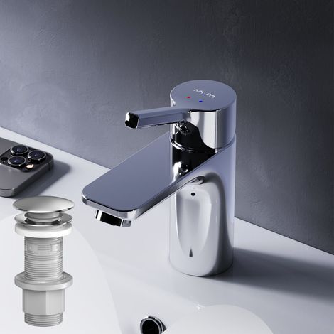 AM.PM Badarmatur mit Pop-Up Ablaufventil für Waschbecken Wasserhahn Bad Chrome Waschtischarmatur mit Ablaufgarnitur 1 1/4 Zoll Messing Ventil Ablauf (1/5)