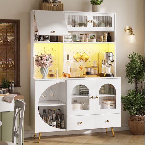 REDOM - Credenza da cucina alta 120x40x176 cm, LED dimmerabile, 2 prese di corrente e 2 porte USB, ripiani in vetro, MDF e vetro bianco (1/5)