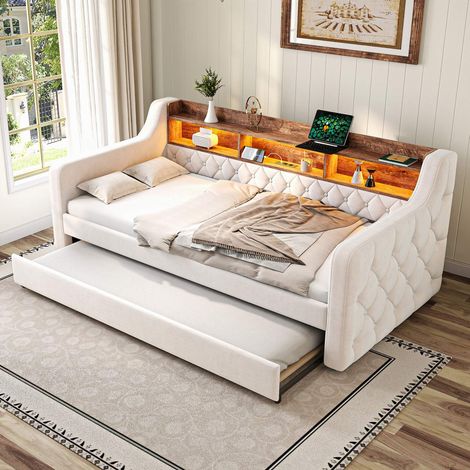 Lit banquette extensible 90x190 cm beige en velours, convertible en lit double, LED à luminosité réglable, USB-C, rangement, sommier 12 lattes en bois inclus, sans matelas (1/5)