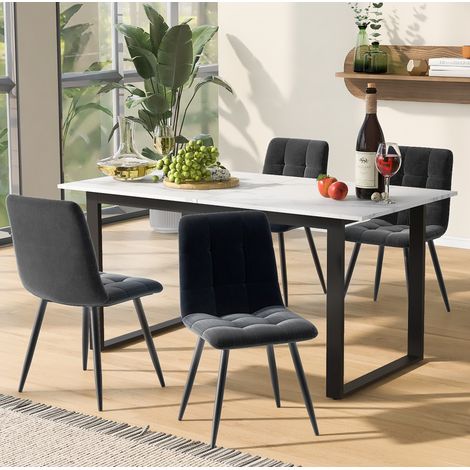 CHICFURN Set tavolo allungabile 140/180x80x75 cm e 4 sedie, MDF bianco e metallo nero (1/5)