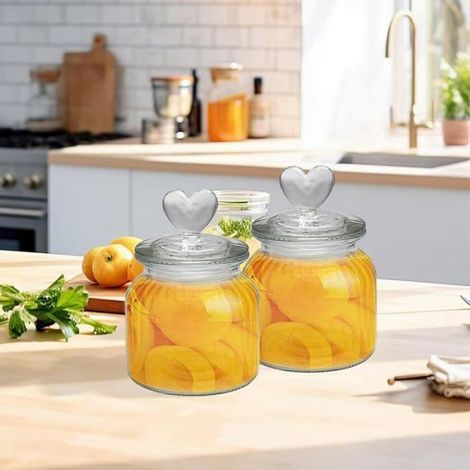 Bocal En Verre - 650 Ml - Couvercle En Forme De Cœur - Hermétique - Pour Bonbons Confiseries Et Aliments - Lot De 2 (1/5)