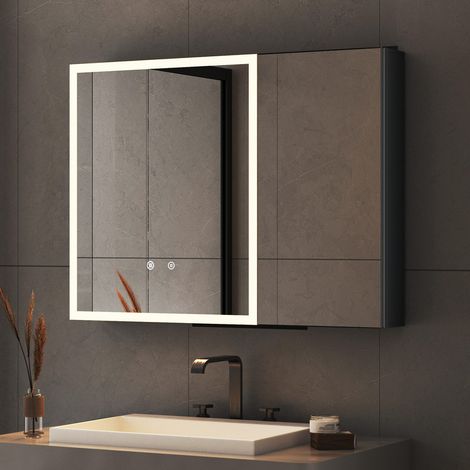 Spiegelschrank Bad mit Beleuchtung 80x60 cm LED Spiegelschrank mit Beleuchtung Badschrank Hängeschränke mit 3 Einstellbare Lichtfarben, Beschlagfrei, Schwarz