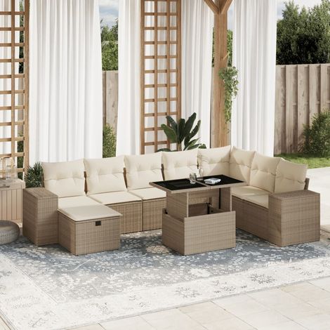 Set de sofás de jardín 9 pzas con cojines ratán sintético beige vidaXL (1/5)