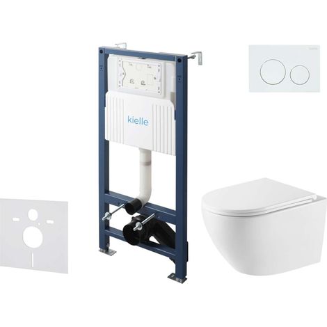 kielle Genesis New - Set bâti-support, WC Oudee, Vortex Rimless+, abattant softclose et bouton-poussoir Gemini New I, blanc brillant 30528SS55