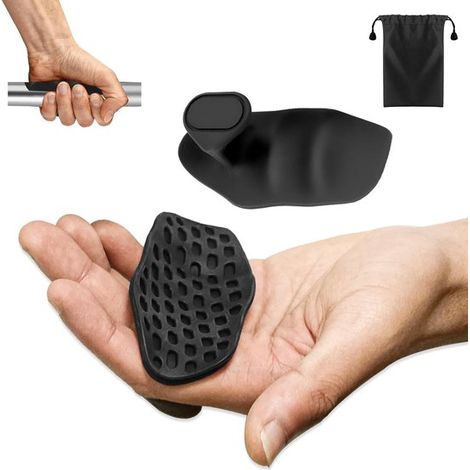 Confezione da 2 impugnature per allenamento di forza e fitness, in gomma, antiscivolo, per sollevamento pesi e stacchi da terra, senza dita, con poggiapolsi, nere (1/5)
