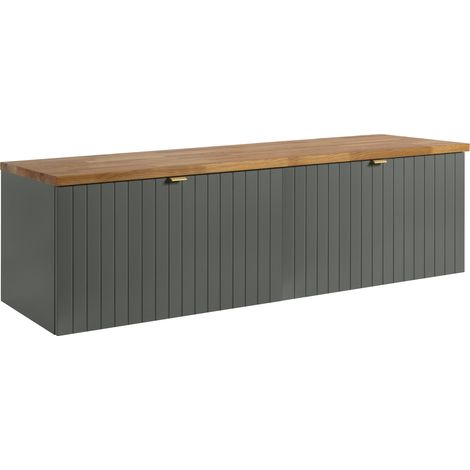 Meuble sous-vasque suspendu HARMO 160 cm avec plan en bois massif Façade rainurée vert semi-mat (1/5)