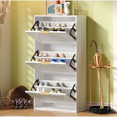 Meuble à chaussures en MDF et panneaux de particules blanc 60 x 24 x 114 cm avec abattant et tablettes réglables (1/5)